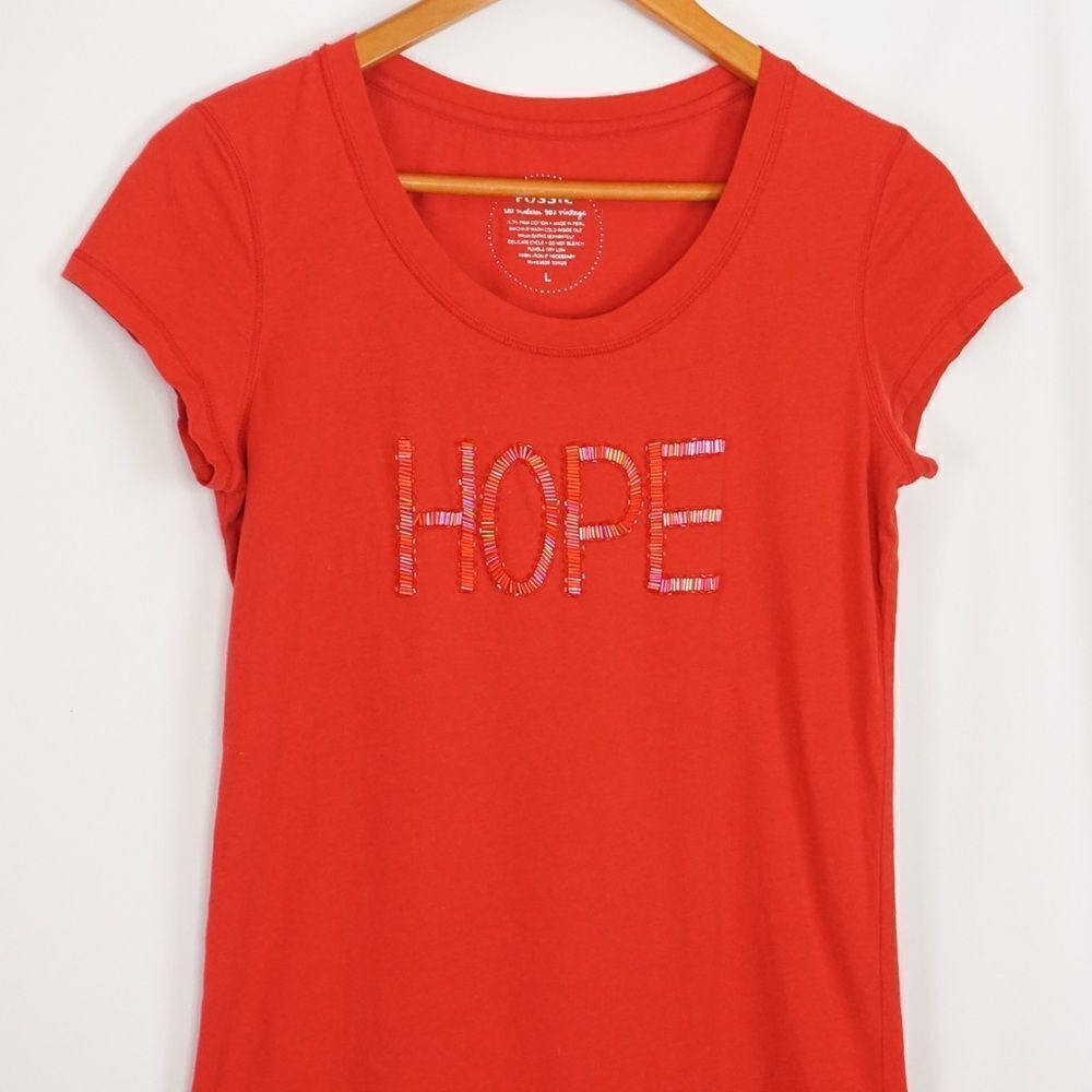 Fossil Red Beaded HOPE Short Sleeve Top, L